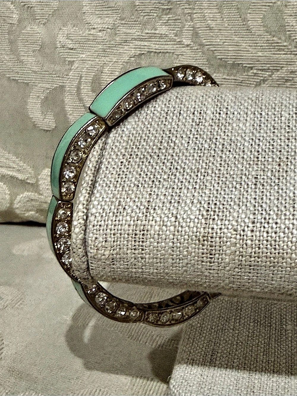 Vintage Mint Green Enamel & Crystal Rhinestone Stretch Bracelet